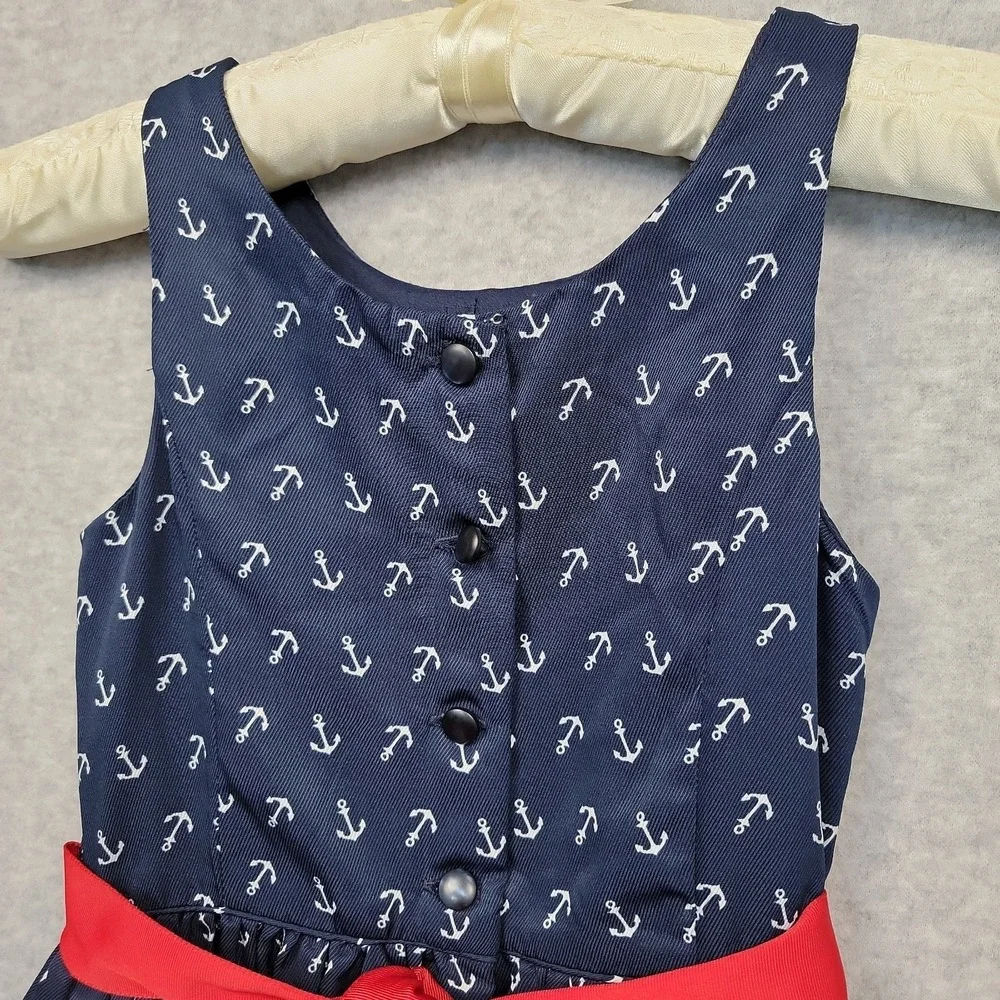 Polo Ralph Lauren Girls Anchor‎ Print Navy Twill Dress Red Ribbon Sz 5 Nautical